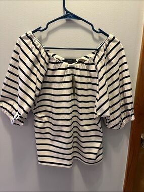 J. Crew Black & White Striped Off-Shoulder Puff Sleeve Top